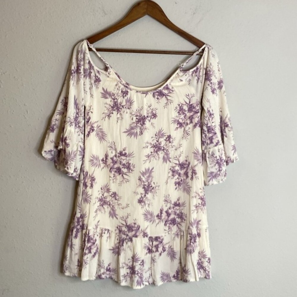 Altar'd State Women’s Size S Cream with Purple Flowers Flowy Boho Top